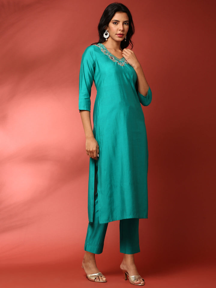 Neerus Green muslin embroidered suit set - back view