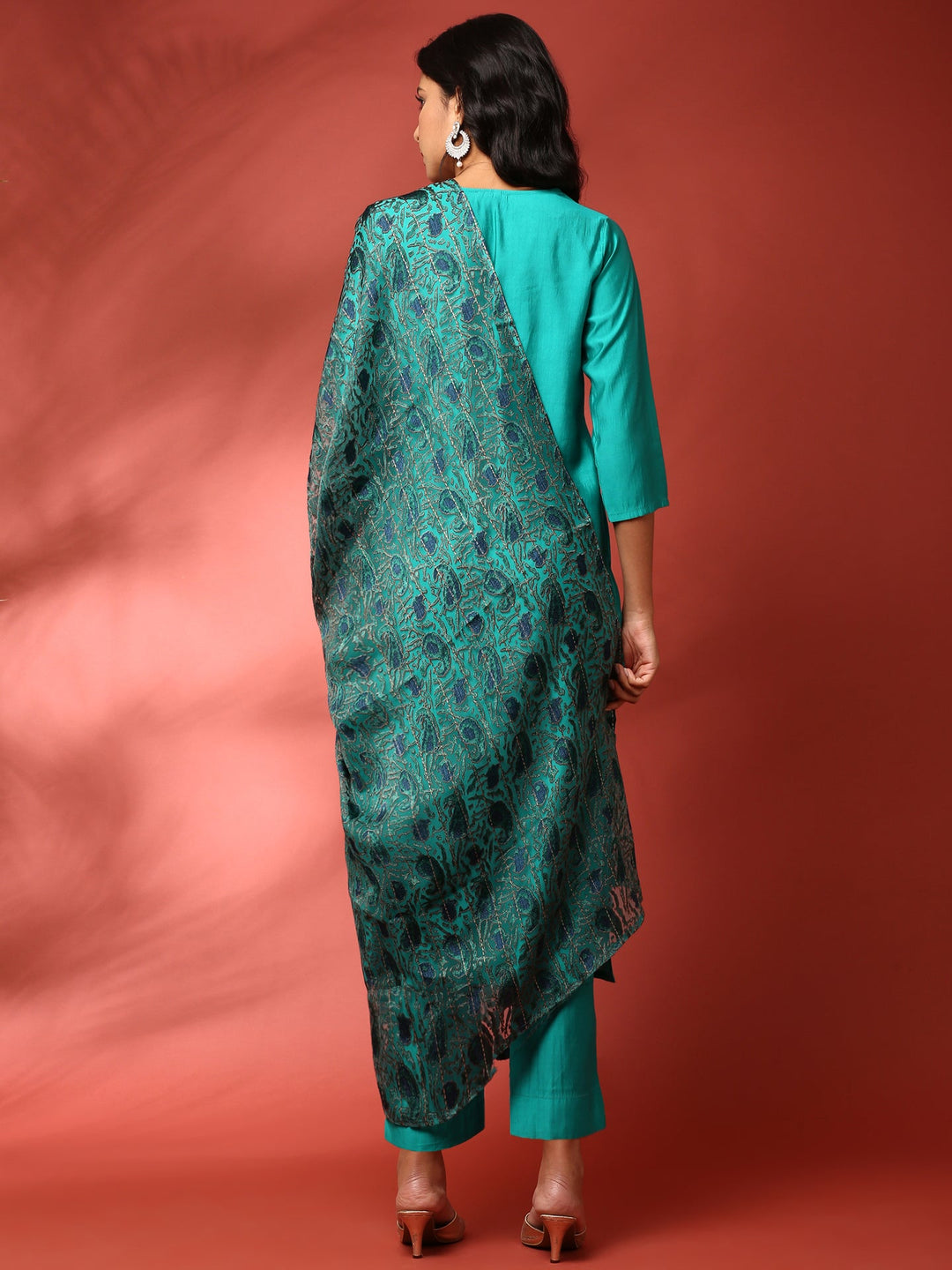 Neerus Green muslin embroidered suit set - side view