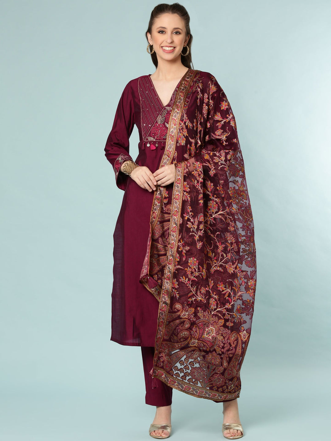 Neerus Maroon silk ethnic suit set - front view