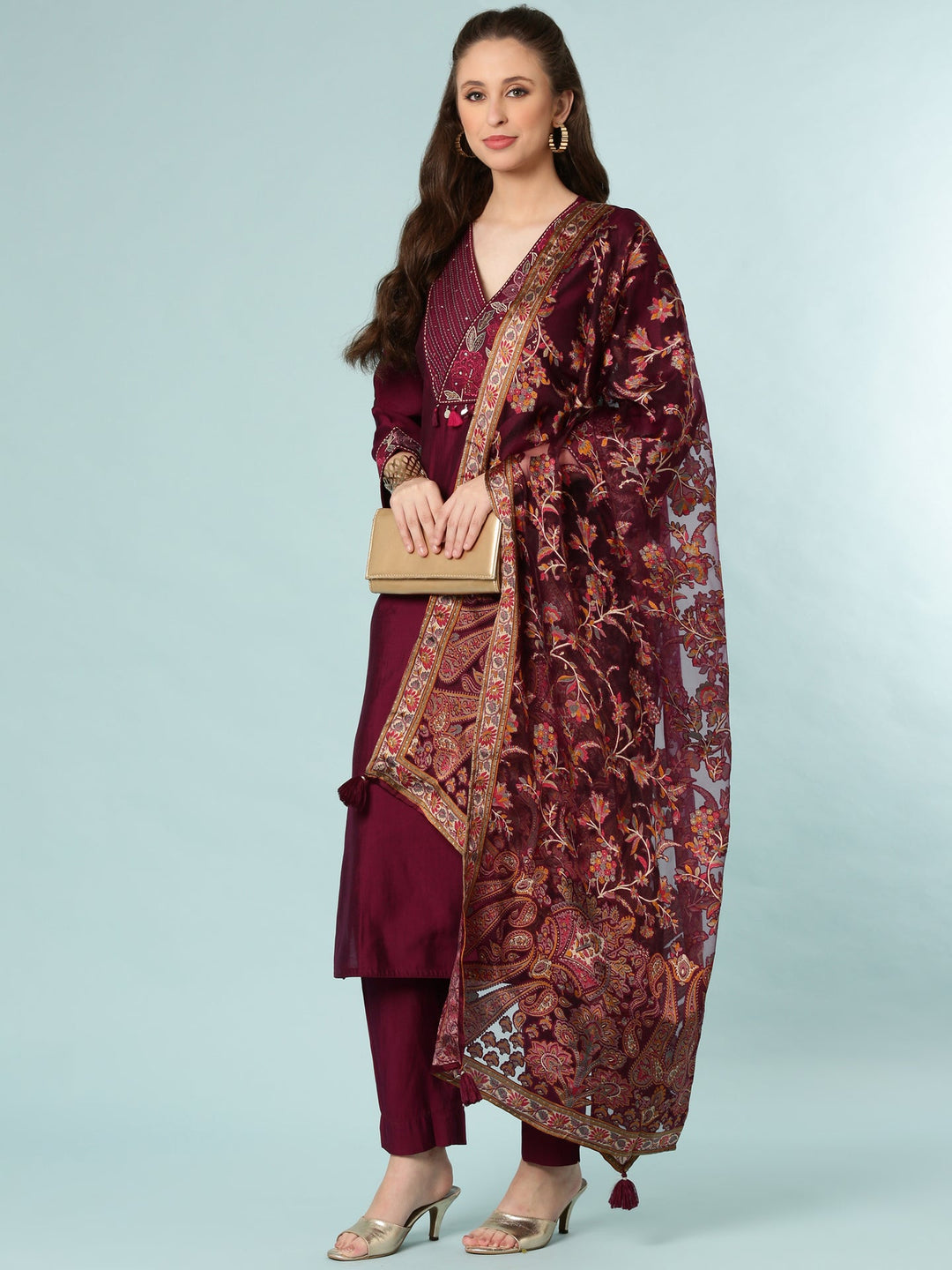 Neerus Maroon silk ethnic suit set - detail view 2