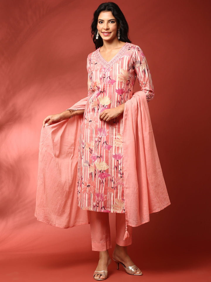 Peach Floral printed three piece cotton suit set