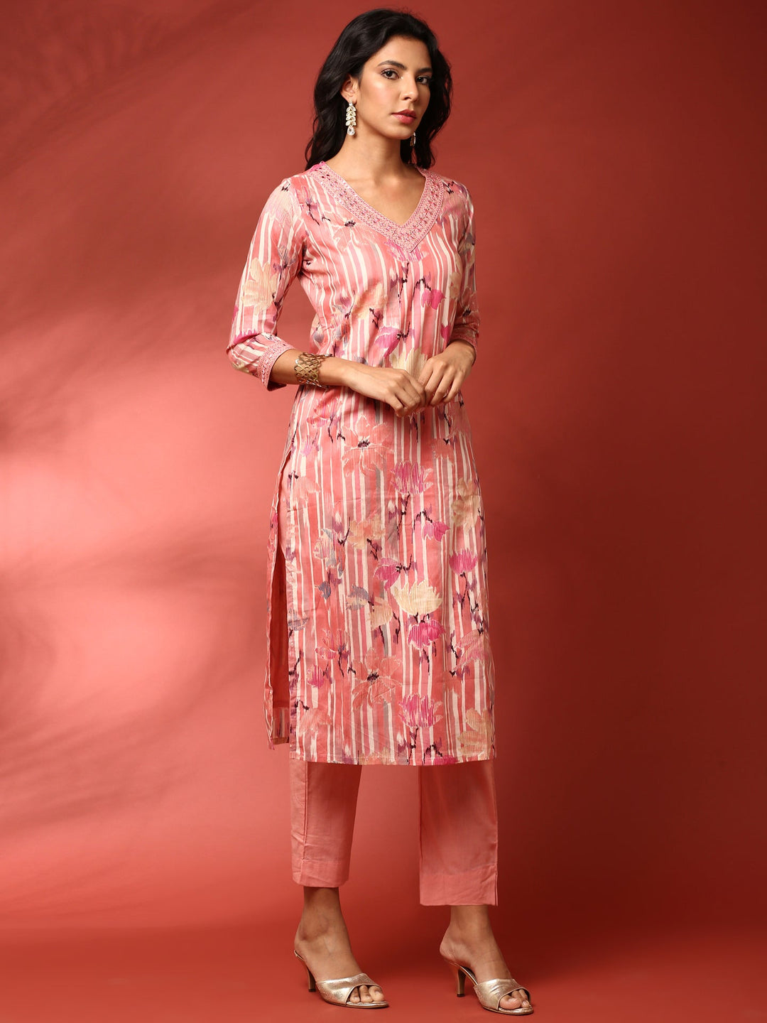 Neerus Orange cotton printed suit set - back view