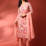 Peach Floral printed three piece cotton suit set