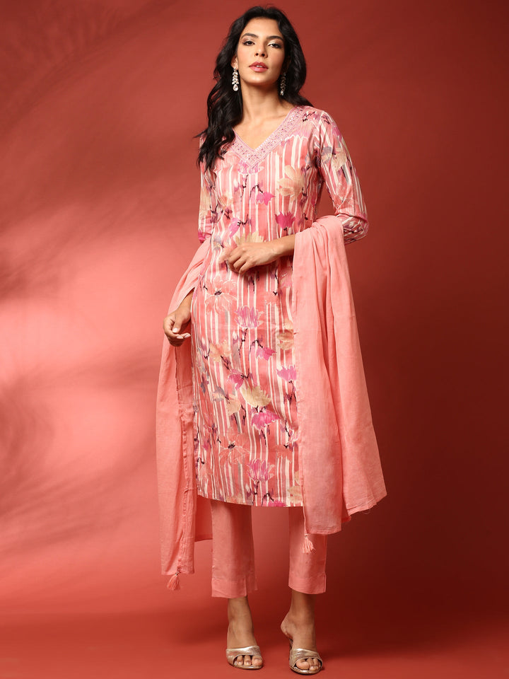 Peach Floral printed three piece cotton suit set