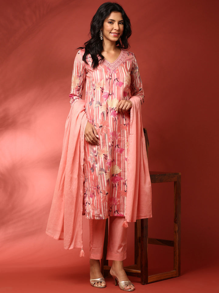 Peach Floral printed three piece cotton suit set
