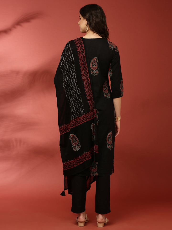 Black Cotton Printed Three Piece Set