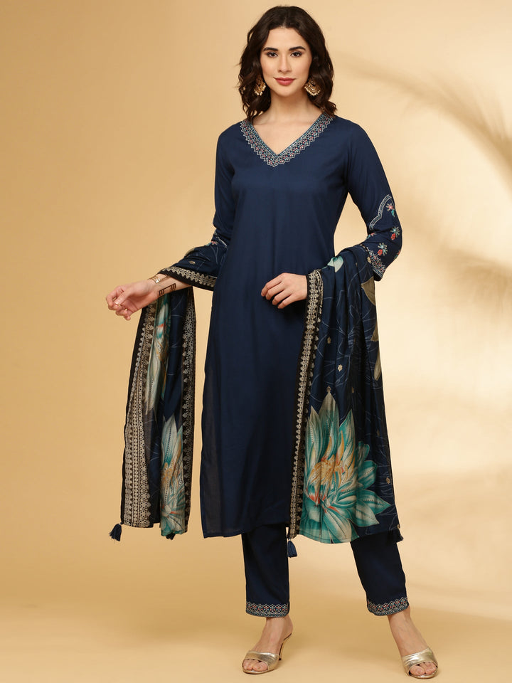 Neerus Blue Rayon Straight Suit Set - front view