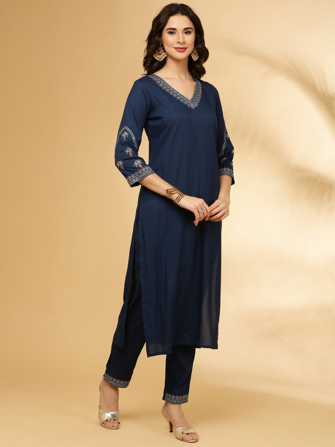Neerus Blue Rayon Straight Suit Set - back view