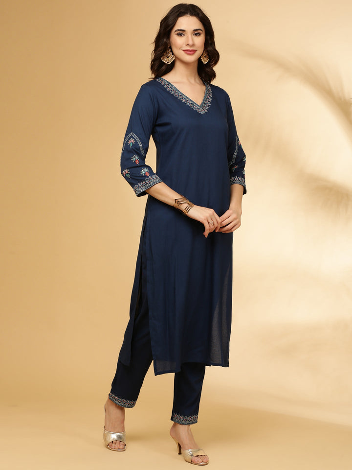 Neerus Blue Rayon Straight Suit Set - back view