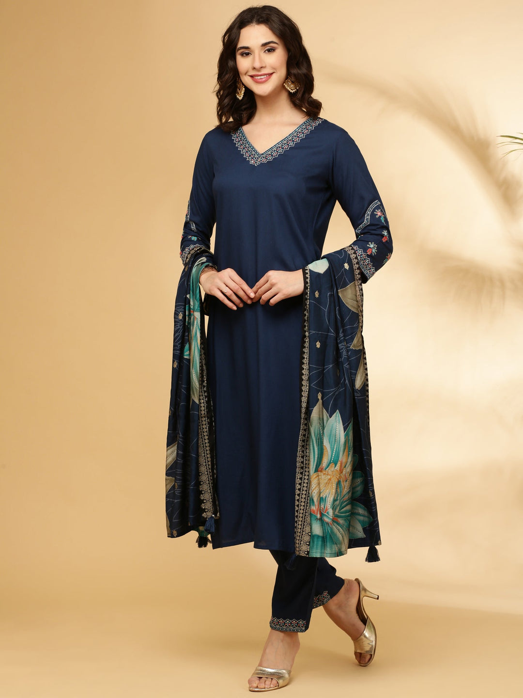 Neerus Blue Rayon Straight Suit Set - detail view 2