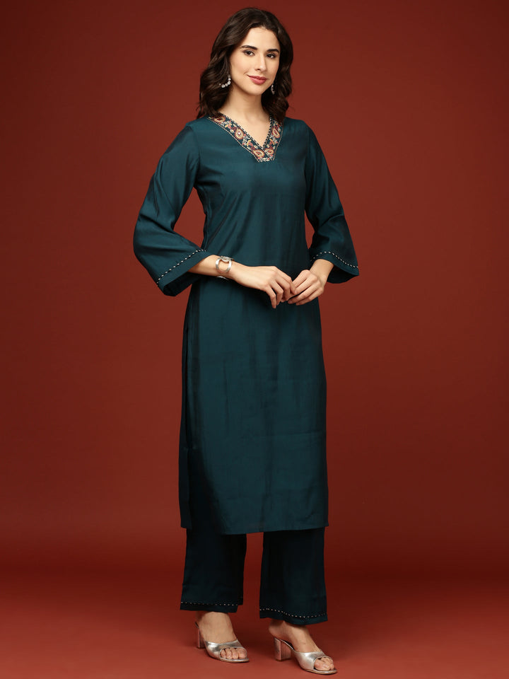 Peacock Modal Silk Three Piece Suit Set