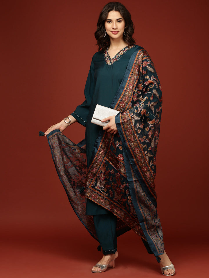 Peacock Modal Silk Three Piece Suit Set