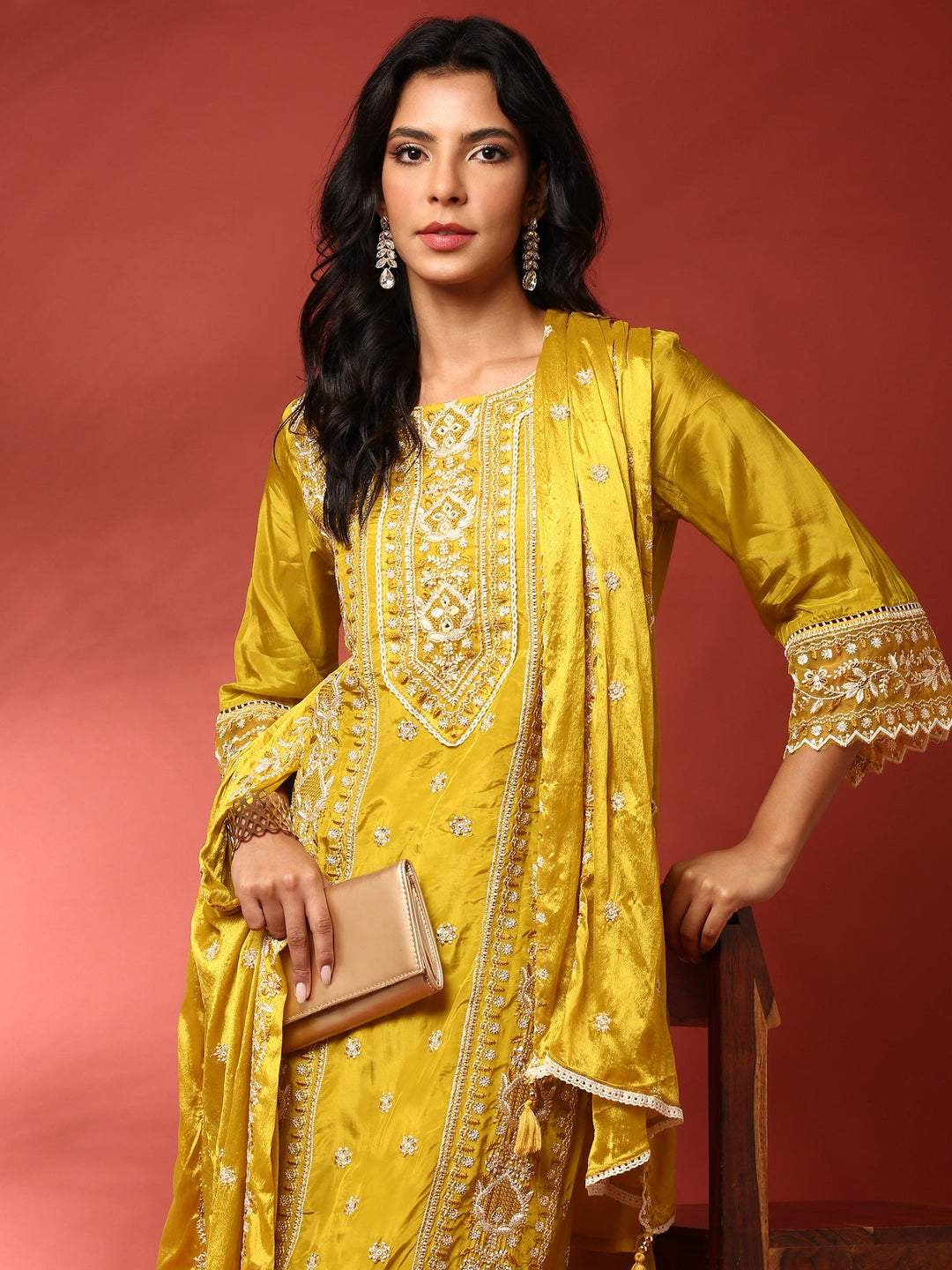 Neerus Green Muslin Embroidered Suit Set - back view