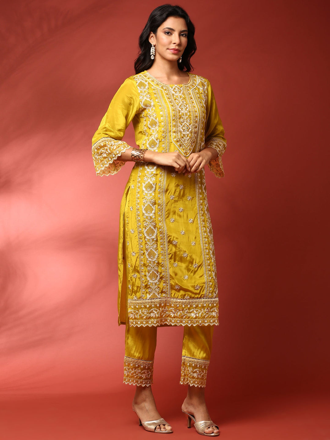 Neerus Green Muslin Embroidered Suit Set - side view