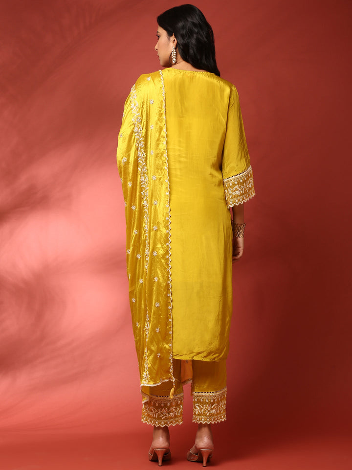 Green muslin heavy embroidered three piece suit set