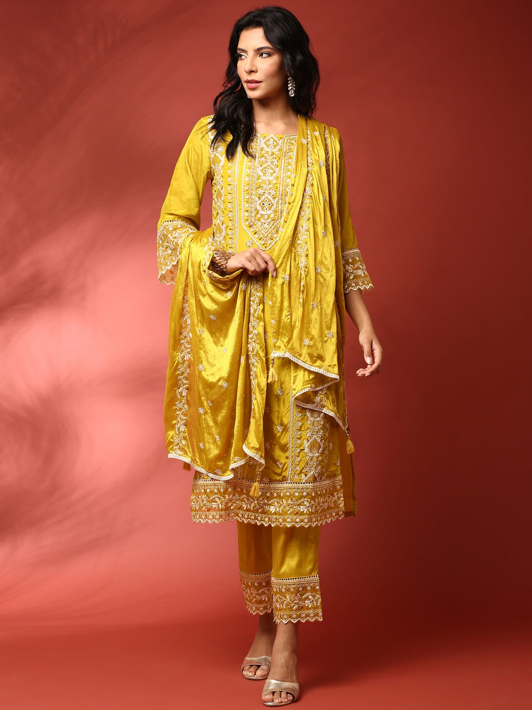 Neerus Green Muslin Embroidered Suit Set - front view