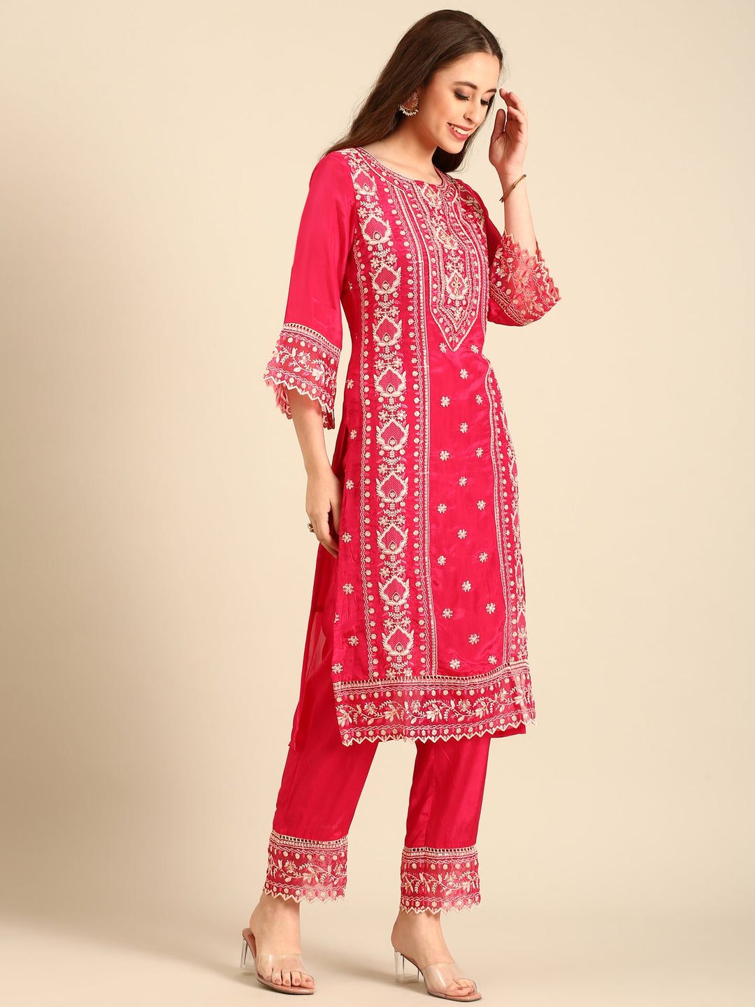 Neerus Pink muslin thread embroidered suit set - side view