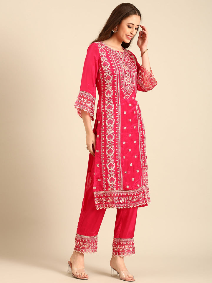 Pink muslin thread embroiderey three piece suit set