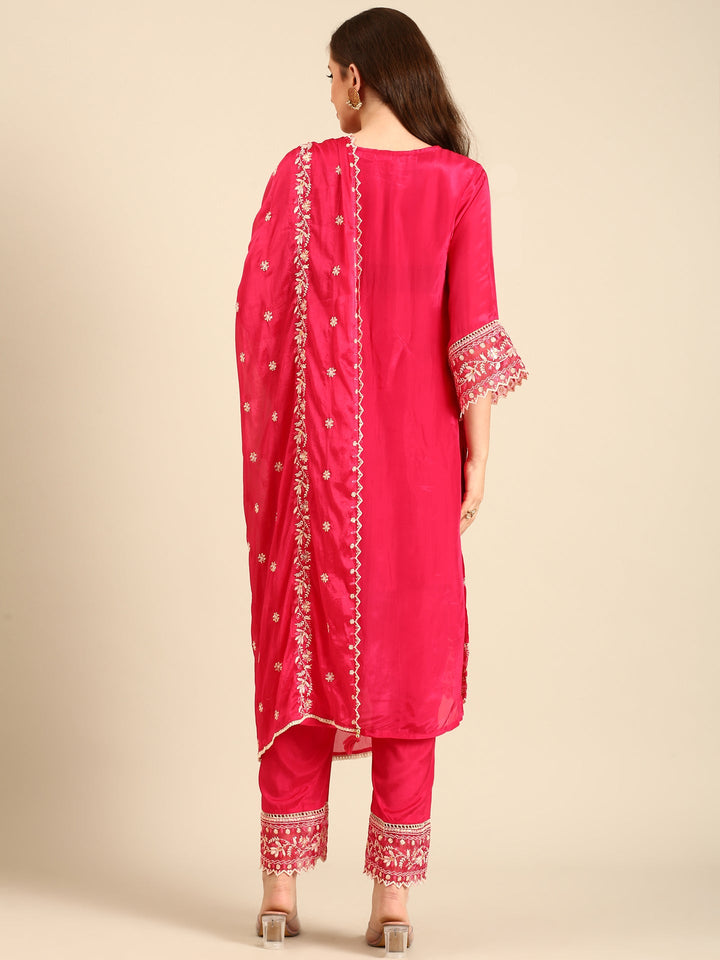Neerus Pink muslin thread embroidered suit set - detail view 1