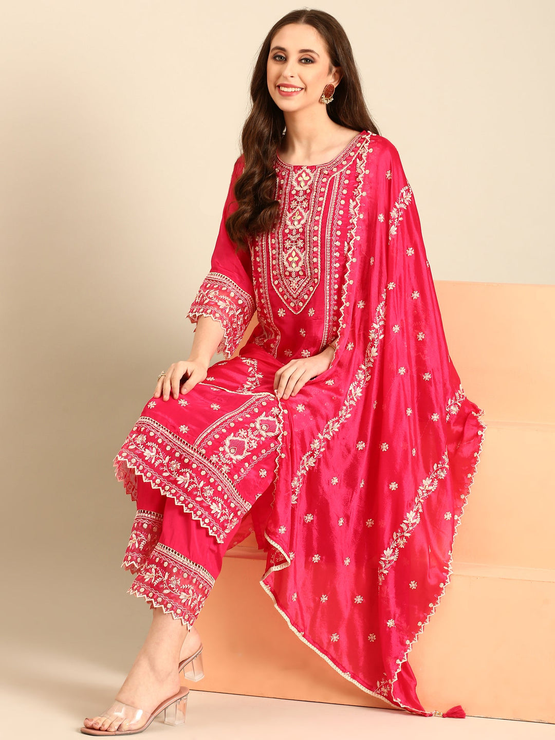 Neerus Pink muslin thread embroidered suit set - front view