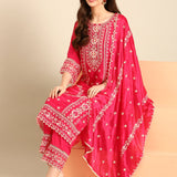 Pink muslin thread embroiderey three piece suit set