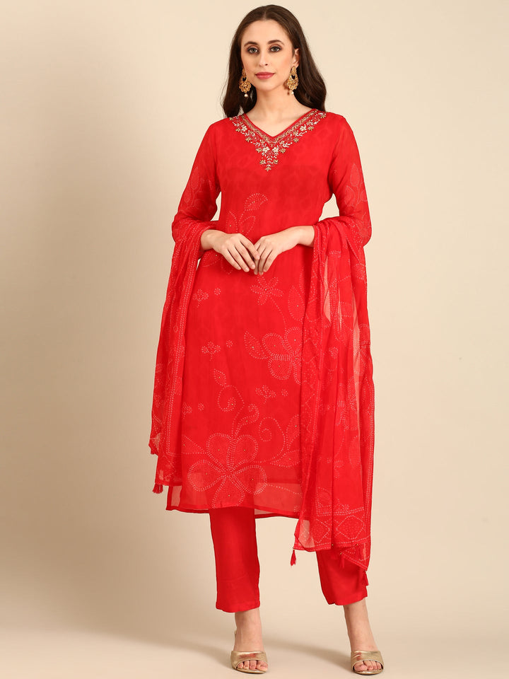 Neerus Red organza embroidered suit set - back view