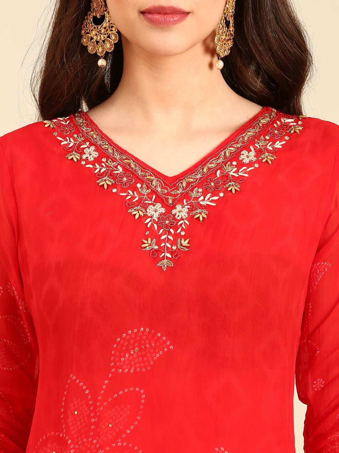 Neerus Red organza embroidered suit set - detail view 2