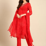 Red Handed embroidery three piece suit set