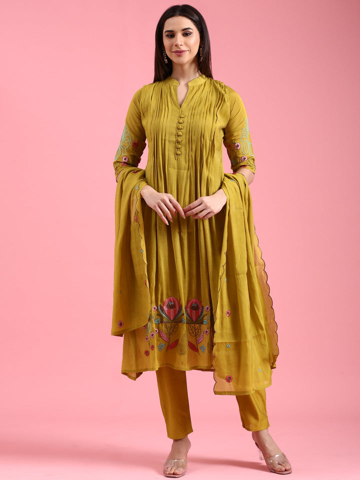 Neerus Green Chanderi embroidered A-line suit set - front view