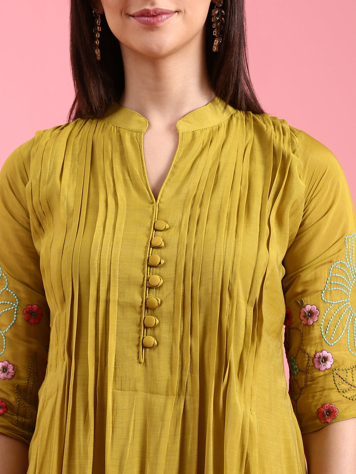 Neerus Green Chanderi embroidered A-line suit set - detail view 1