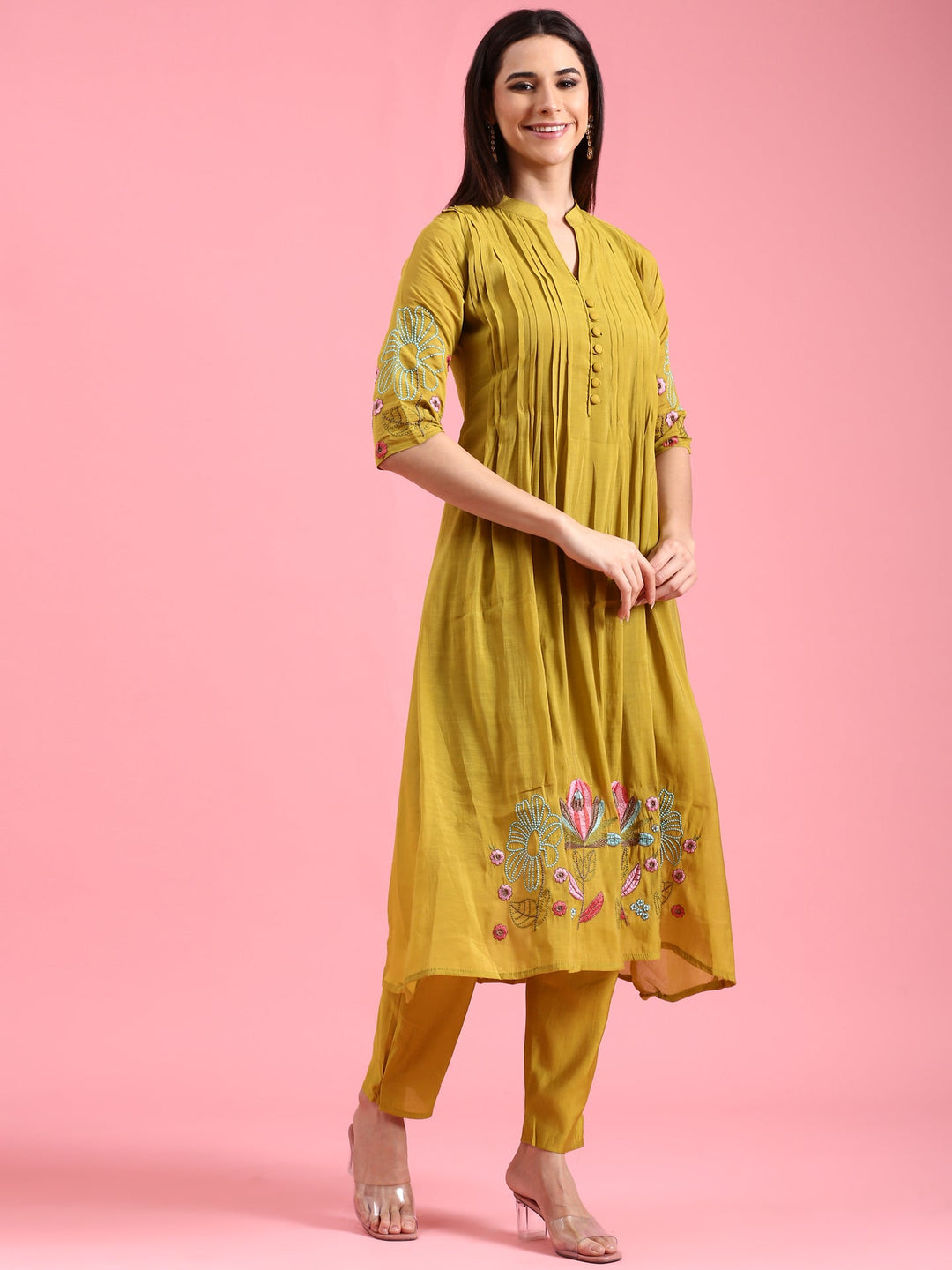 Neerus Green Chanderi embroidered A-line suit set - back view