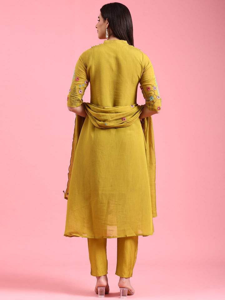 Green Chanderi Embroidery Aline Three Piece Suit Set