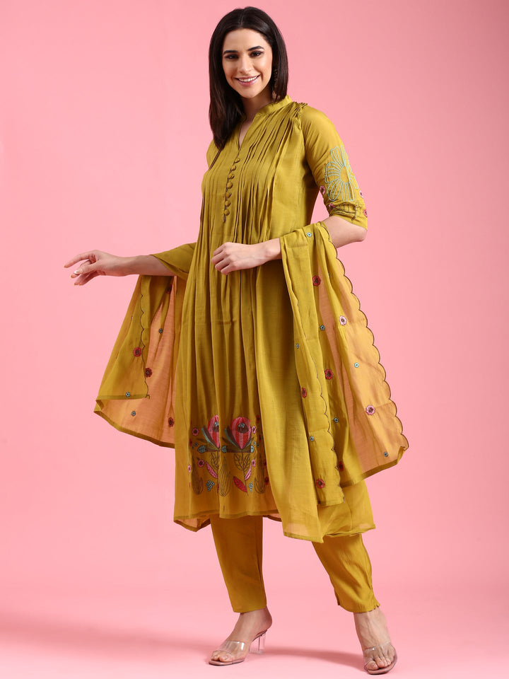 Neerus Green Chanderi embroidered A-line suit set - detail view 2