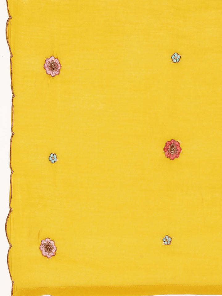 Mustard Chanderi Embroidery Aline Three Piece Suit Set