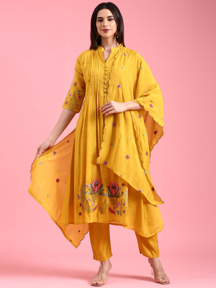 Neerus Yellow Chanderi embroidered A-Line suit set - front view