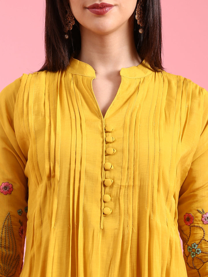 Neerus Yellow Chanderi embroidered A-Line suit set - detail view 1