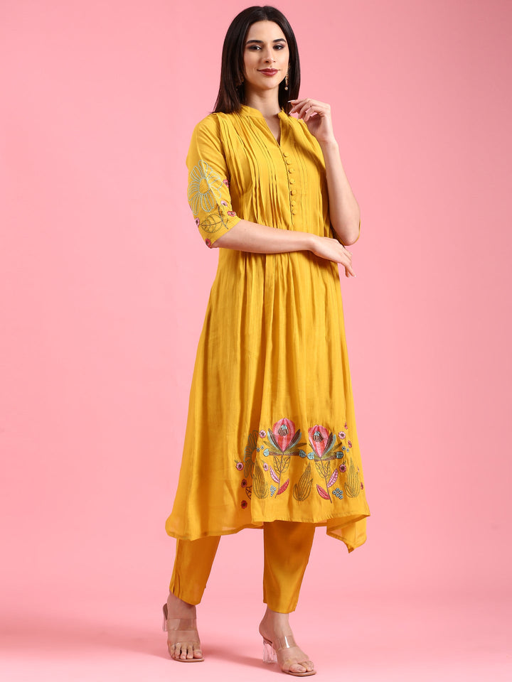 Neerus Yellow Chanderi embroidered A-Line suit set - back view