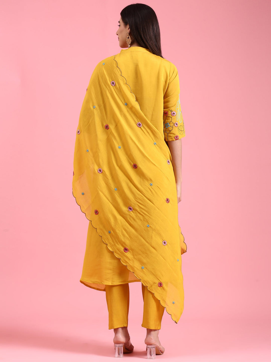 Neerus Yellow Chanderi embroidered A-Line suit set - side view