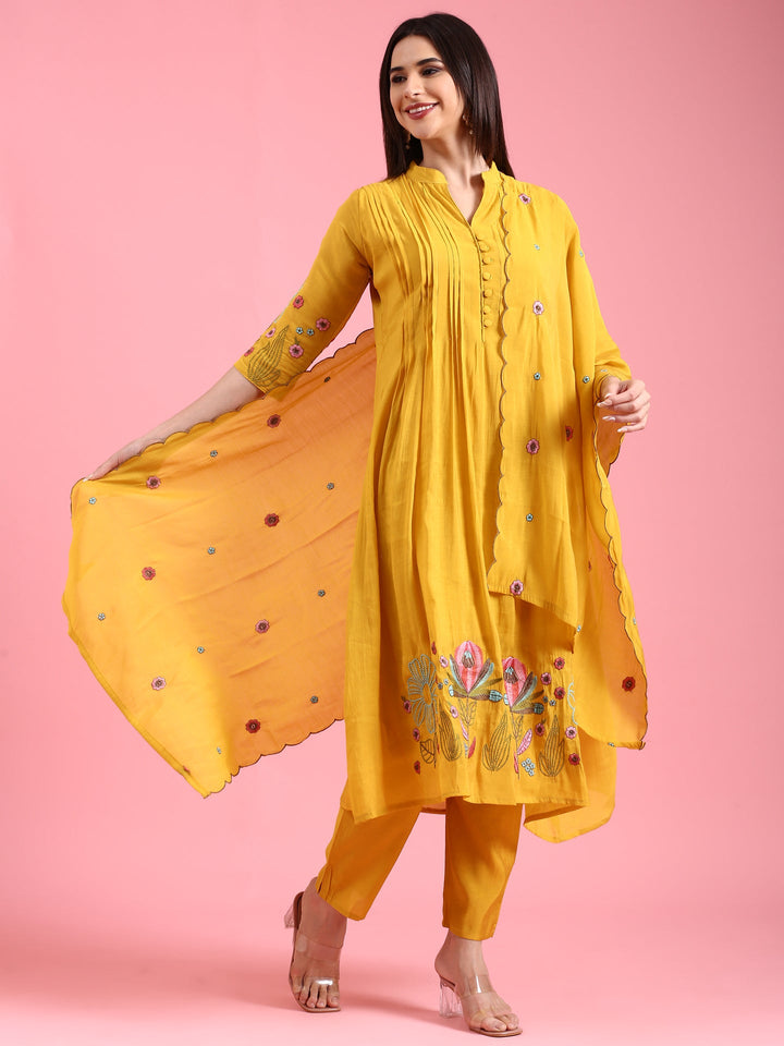 Mustard Chanderi Embroidery Aline Three Piece Suit Set