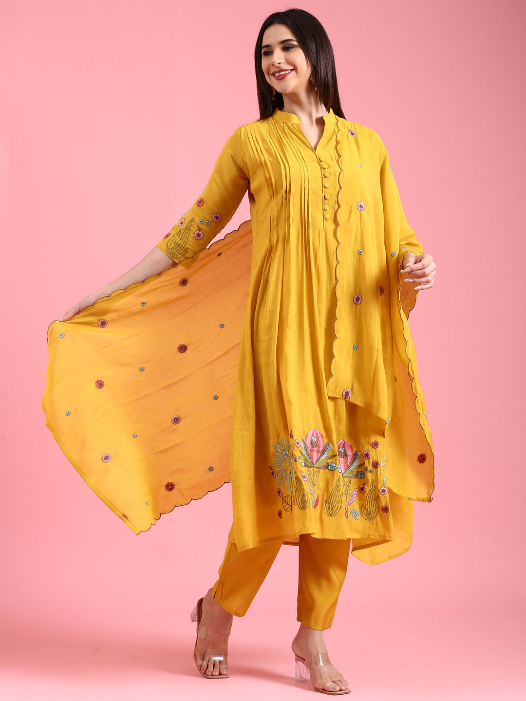 Neerus Yellow Chanderi embroidered A-Line suit set - detail view 2