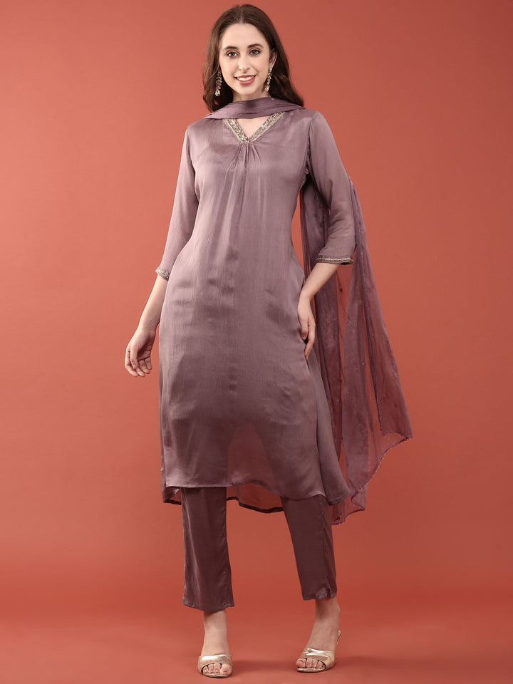 Neerus Purple chinon solid suit set - front view