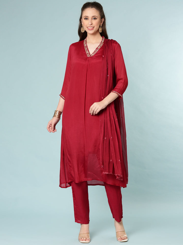 Neerus Maroon Chinon suit set - front view