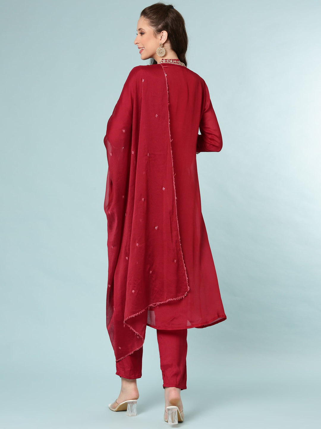 Neerus Maroon Chinon suit set - side view