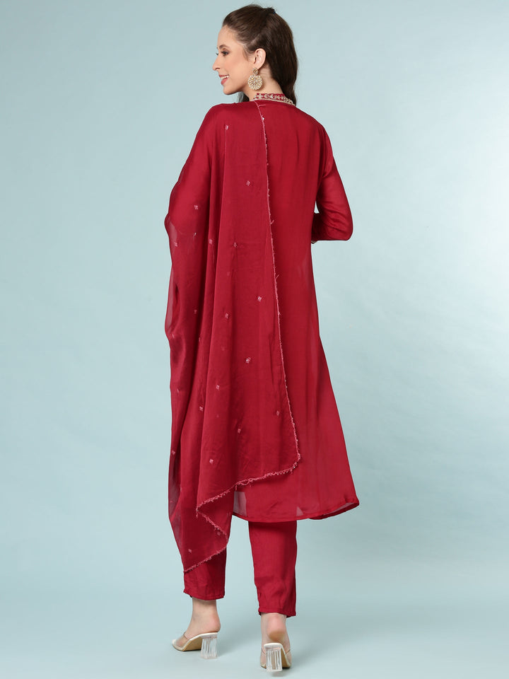 Neerus Maroon Chinon suit set - side view
