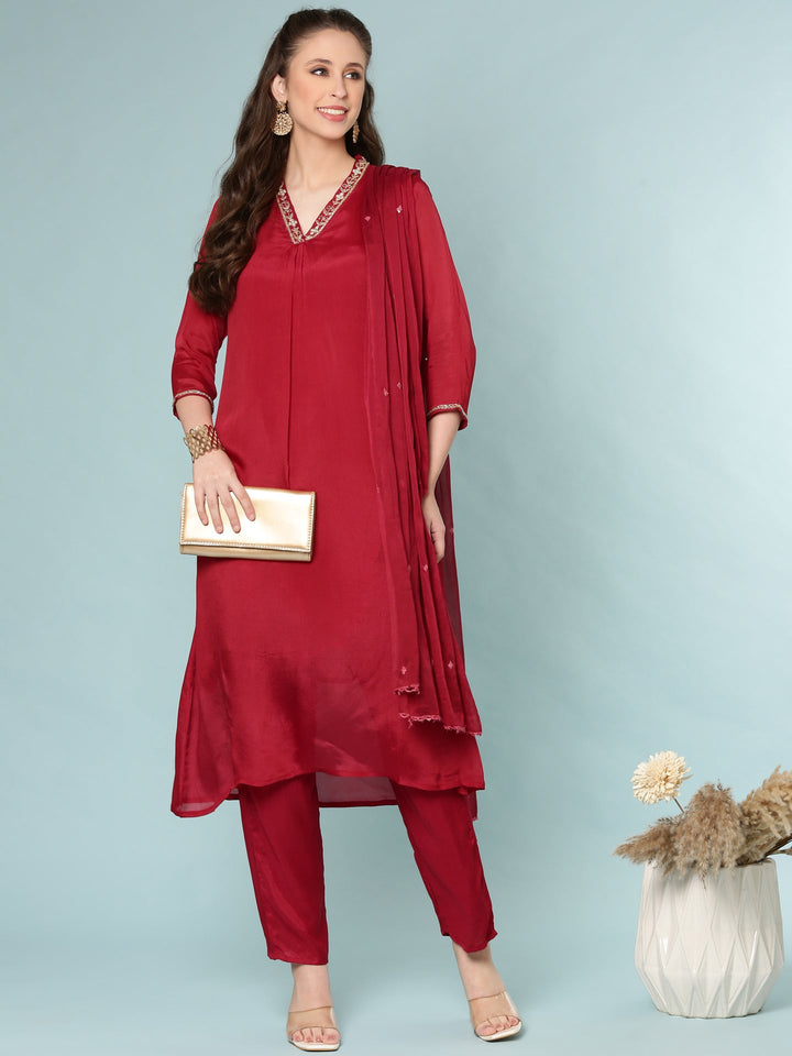 Maroon Chinnon Three Piece Set