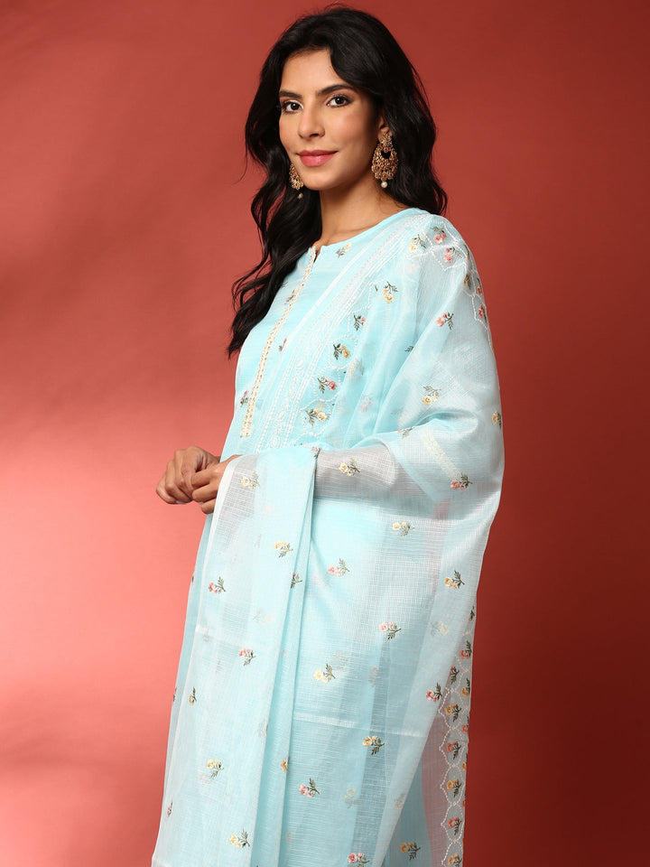 Neerus Blue Kota thread embroidered suit set - front view