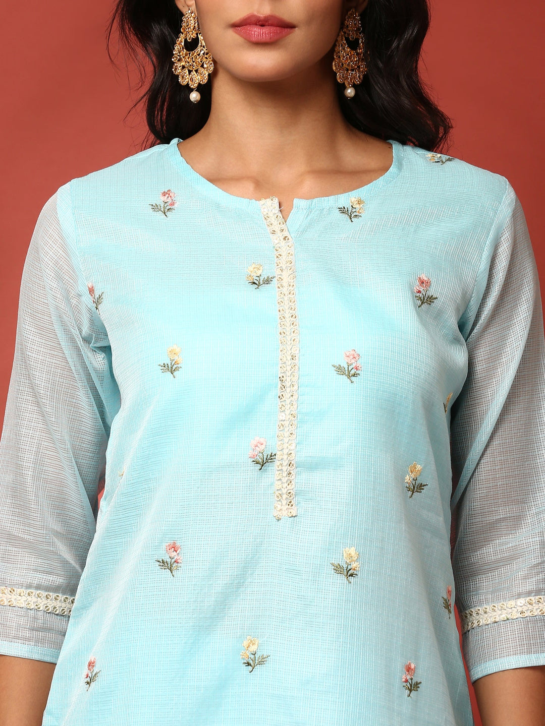 Neerus Blue Kota thread embroidered suit set - detail view 1