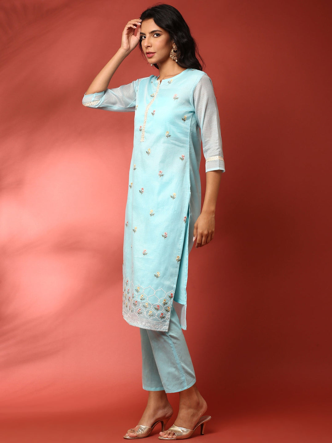 Neerus Blue Kota thread embroidered suit set - back view