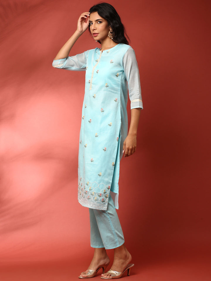 Neerus Blue Kota thread embroidered suit set - back view