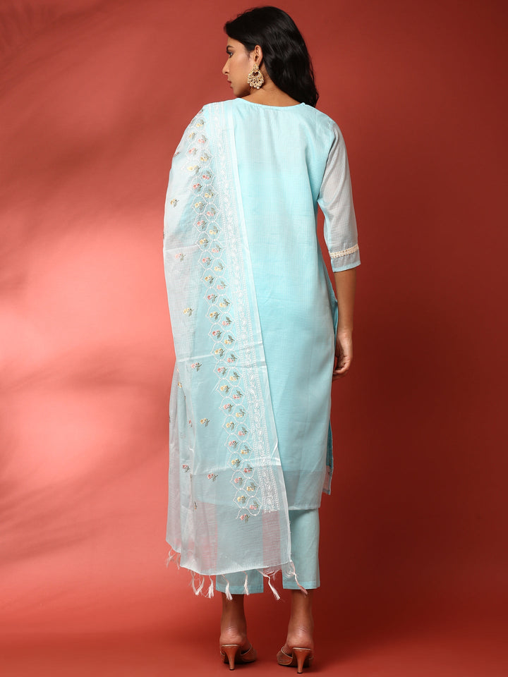 Neerus Blue Kota thread embroidered suit set - side view